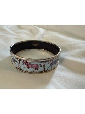 HERMES Enameled Horse Bangle Bracelet Silver Blue
